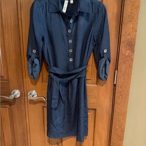 Emma & Michele Navy Button-Front Midi Shirt Dress with Self-Tie